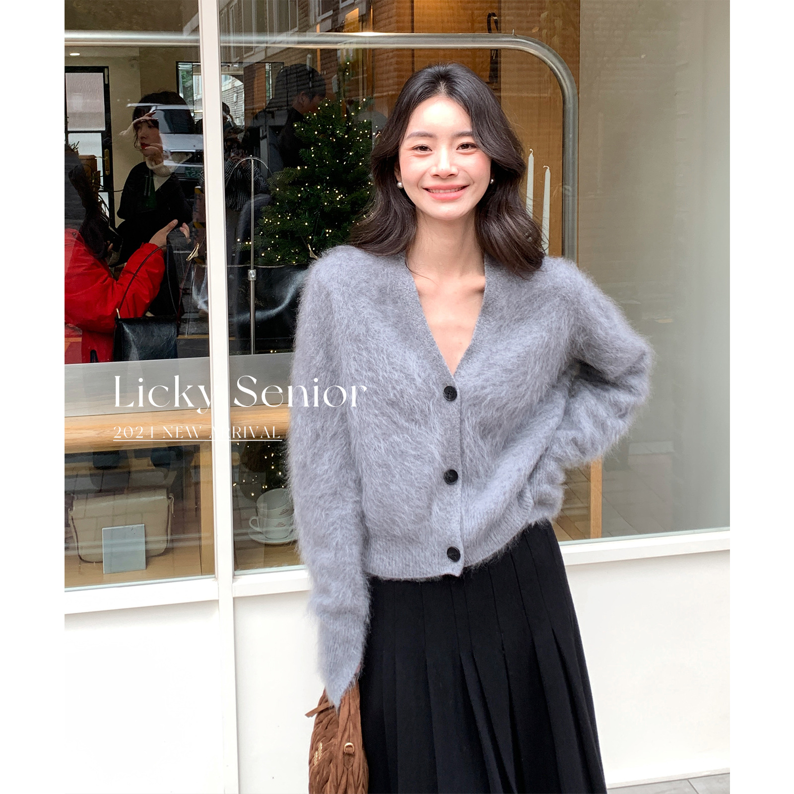 港米服饰/ 终极系列 拉绒拉毛深v领拉绒开衫女装24冬季毛衣外套