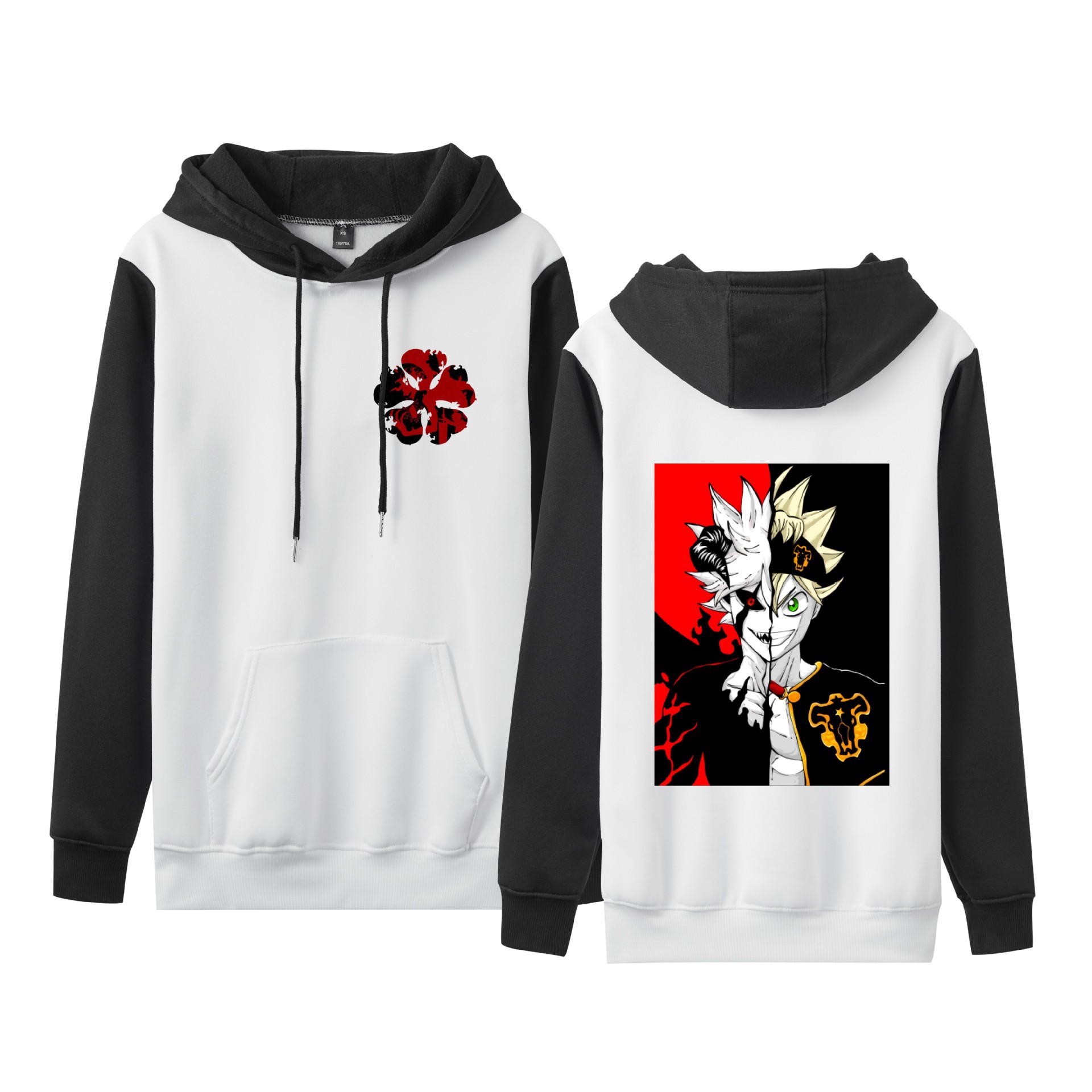 Trébol de cuatro hojas negro Black Clover suéter de pareja de talla grande para hombres y mujeres sudadera con capucha de contraste con capucha