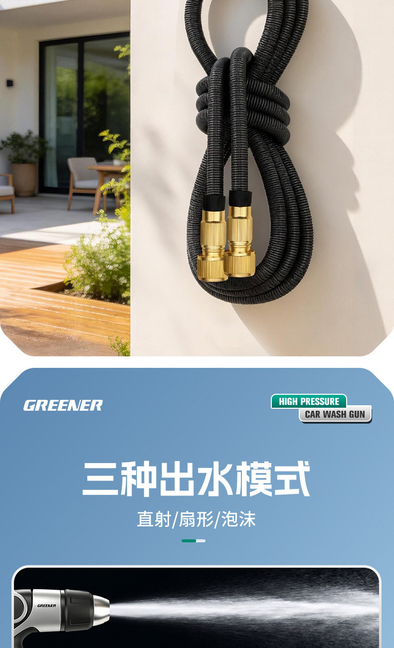 Green Forest High-Pressure Car Wash Water Gun for Home Use, Window and Yard Cleaning, Telescopic Hose, Connects to Tap Water, Powerful Pressure-Boosting Nozzle