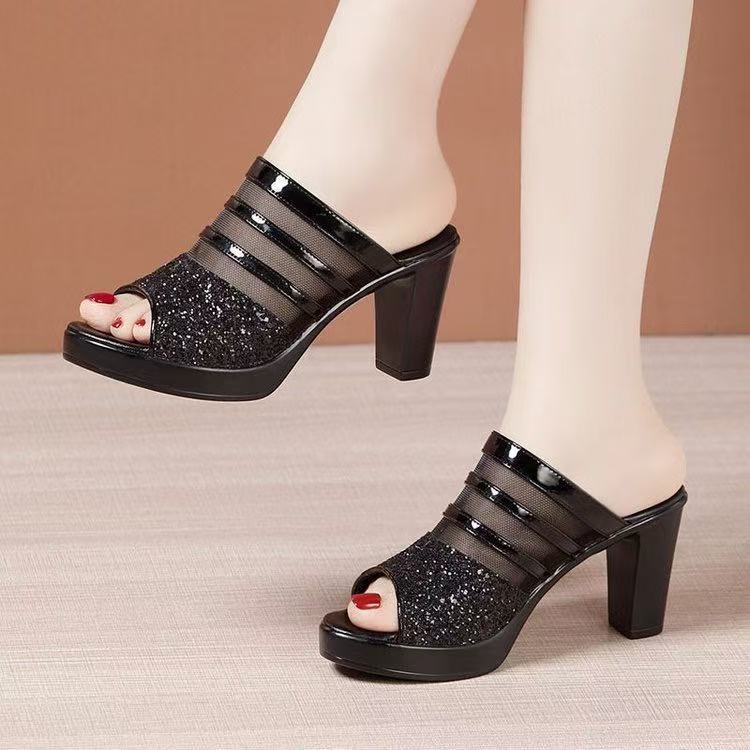 Foreign Trade Hot-Selling Elegant Ladylike Breathable Mesh High-Heeled Shoes Summer Fashion Sexy Sequined Thick Heel Slippers