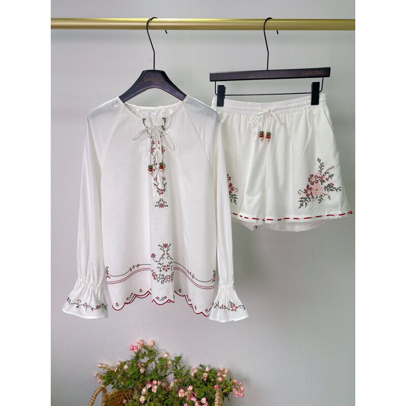 Exotic Retro~Ethnic Style Cross-Stitch Lace-Up Round-Neck Flared Sleeve Shirt + Elastic Waist Shorts Set Exotic Retro~Ethnic Style Cross-Stitch Lace-Up Round-Neck Flared Sleeve Shirt + Elastic Waist Shorts Set