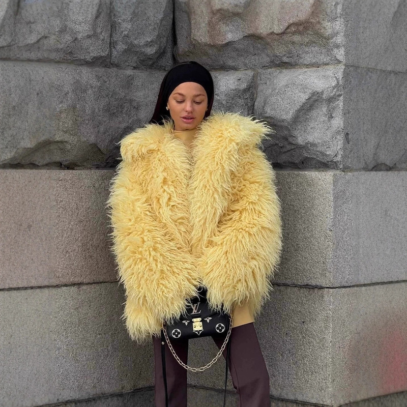 Amazon European and American Cross-Border Winter Yellow Imitation Fur Outwear Women's Mid-Length Artificial Fur Teddy Curly Fur Outwear Amazon European and American Cross-Border Winter Yellow Imitation Fur Outwear Women's Mid-Length Artificial Fur Teddy Curly Fur Outwear