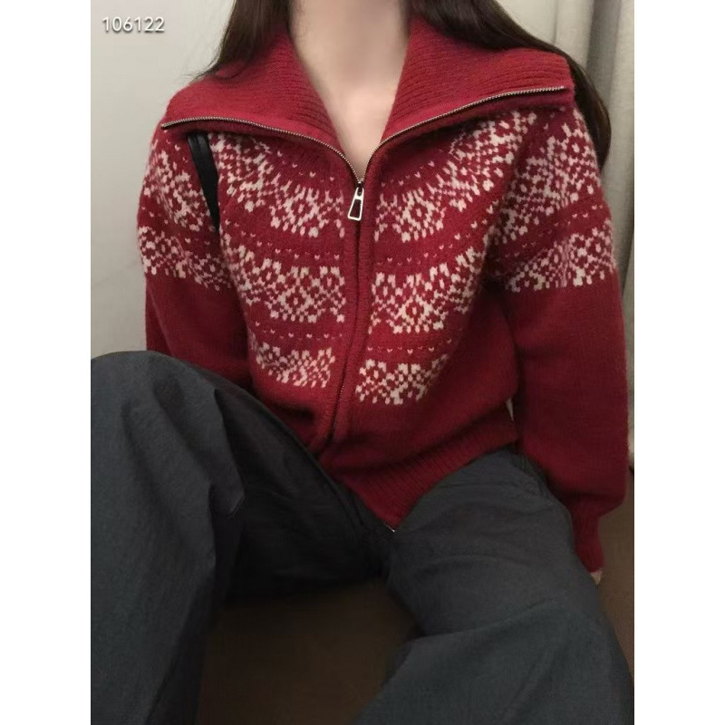 法式费尔岛提花毛衣女撞色春秋2025新款厚实开衫宽松显瘦软糯上衣|undefined
