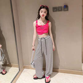女童套装韩范童装儿童休闲时髦吊带背心条纹阔腿裤两件套2023新款