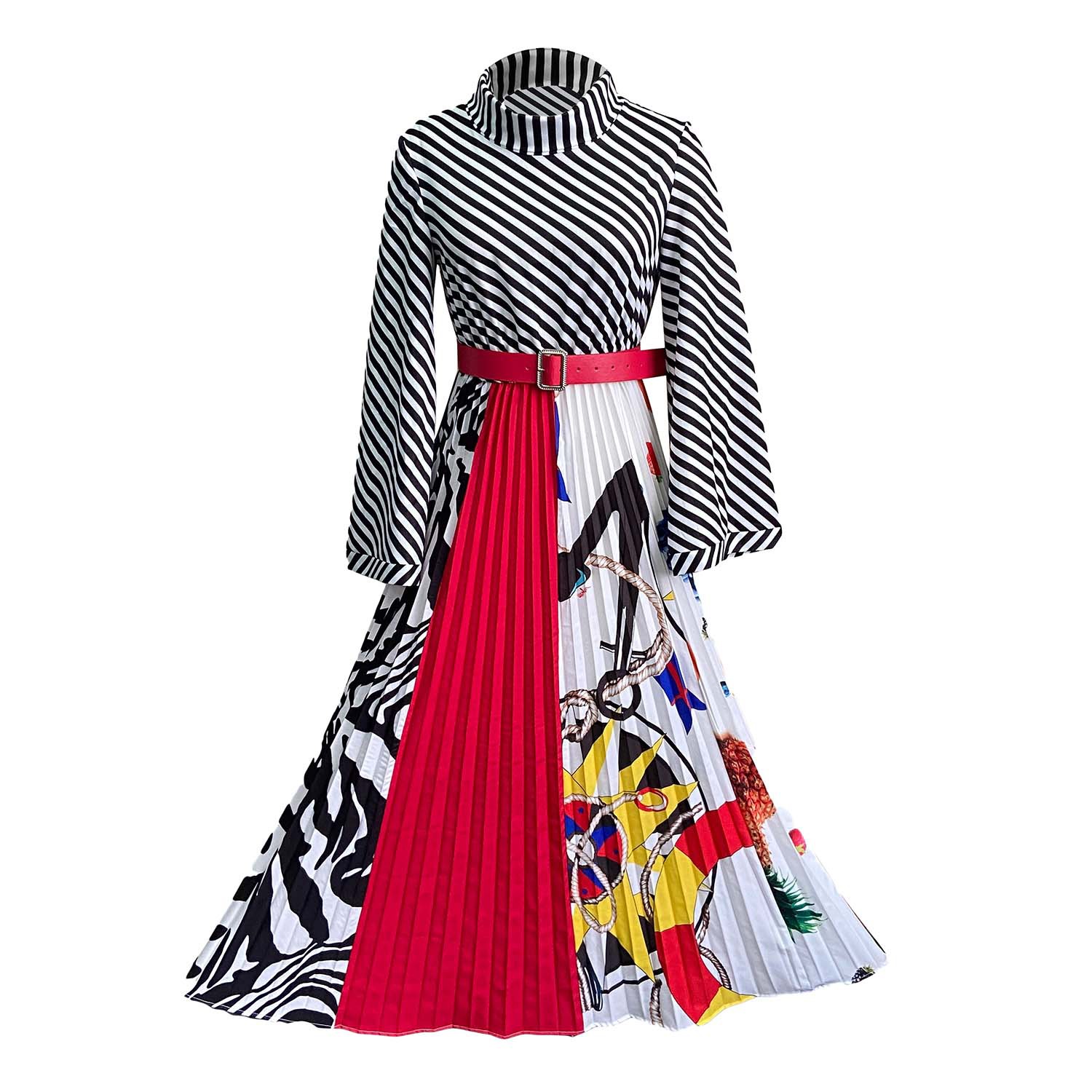 Printing Pleated Stripes High Neck Long Sleeve Dress With Belt NSGML111102