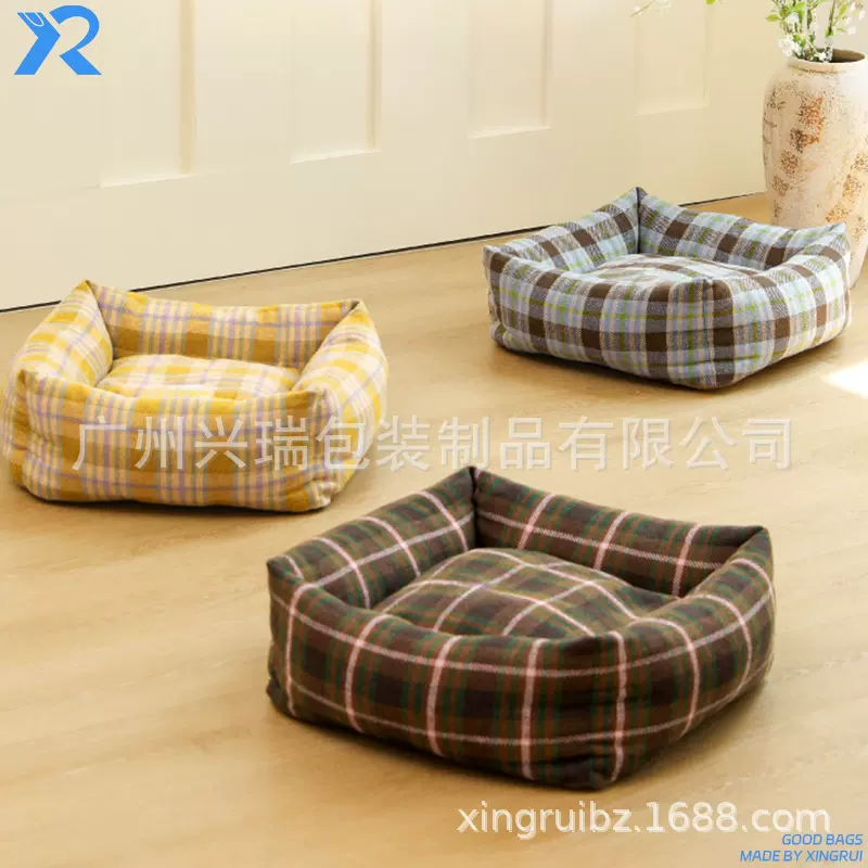 复古结实耐用格纹四季猫垫猫窝趴趴窝厂家定做打样代加工帆布绒窝