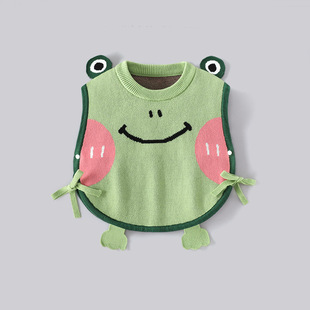 2024 Children's Knitted Vest Autumn and Winter Boys' Round Neck Double-Layer Vest Korean-Style Cartoon Belly Protecting Pure Cotton Class A Sweater