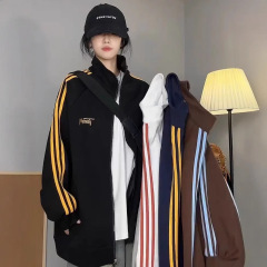 2025新款美式复古潮流立领卫衣女式春秋季三条杆流行宽松开衫外套
