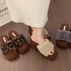 网红仙女风豹纹水貂毛一字拖毛毛鞋女外穿厚底增高坡跟居家棉拖鞋