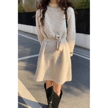 高级感慵懒风毛衣女秋冬新款外穿中长款宽松针织衫系带收腰连衣裙