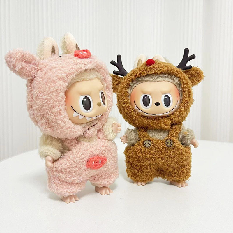 Caja ciega de 17cm, tela de tela, traje de mono de alce pequeño de terciopelo de nube, colgante de labubu, vestido de Navidad de cerdo