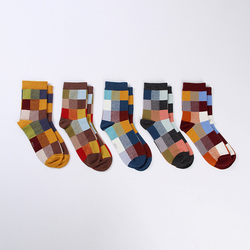 Men's colorful grid socks, men's socks, cotton Korean style, cotton socks, colorful grid, cotton mid-calf socks, classic grid socks for men