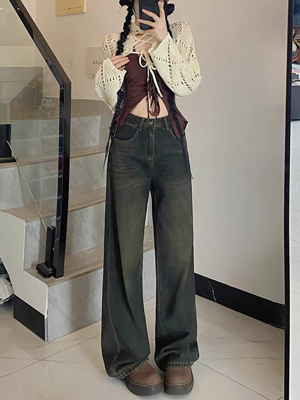 复古蓝阔腿牛仔裤女秋季新款梨形身材胖mm宽松大码显瘦垂感直筒裤|undefined