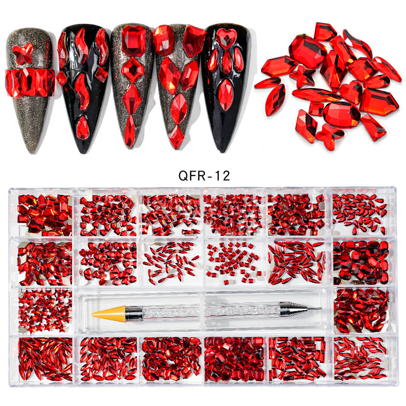 Transfronterizos 21 caja de diamante de agua de forma especial de fondo plano conjunto de joyería de uñas conjunto de pluma de puntuación de doble cabeza