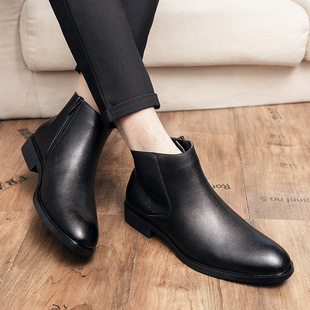 Cross-border high-top casual leather shoes 2023 autumn and winter European and American cowhide pointed Chelsea boots high-top slip-on leather boots for men