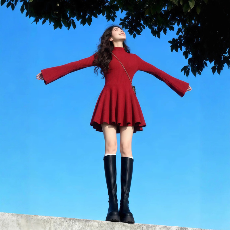 Red Knitted Dress for Women 2026 Autumn and Winter, Very Stylish for Petite Figures, Perfect as a Base Layer Short Dress for Christmas Outfits Red Knitted Dress for Women 2026 Autumn and Winter, Very Stylish for Petite Figures, Perfect as a Base Layer Short Dress for Christmas Outfits