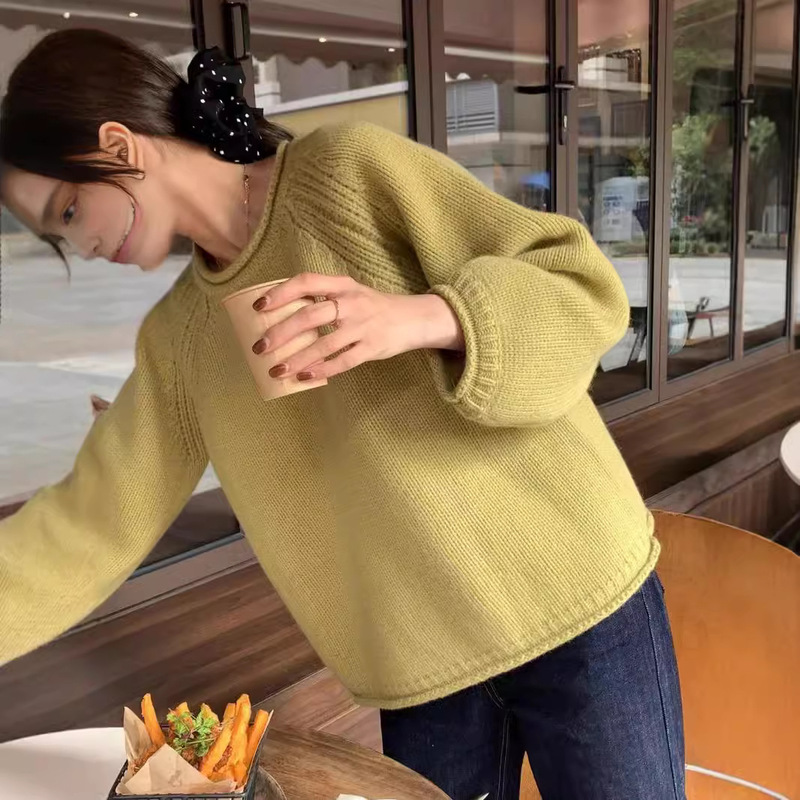 French Style Yellow Knitted Sweater Pullover Gentle New Women's Autumn Thick Stick Needle Loose Lazy Style Top