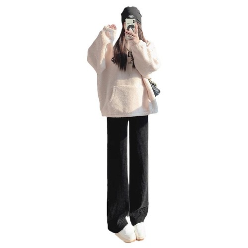 Shenille velvet wide-leg pants for women, new autumn/winter 2024, high-waisted, flowing style, casual straight-leg pants, suitable for petite figures, white color