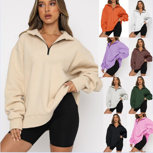 Women's European and American Autumn/Winter Casual Half-Zip Hooded Long-Sleeve Sweatshirt Top