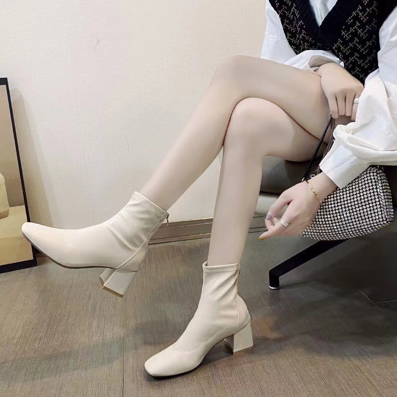 韓国スタイルのスクエアトゥ厚いヒールショートブーツ女性のための 2025 新しいファッションバックジッパーミッドカーフハイヒールマーティンレザーブーツ女性のための|undefined