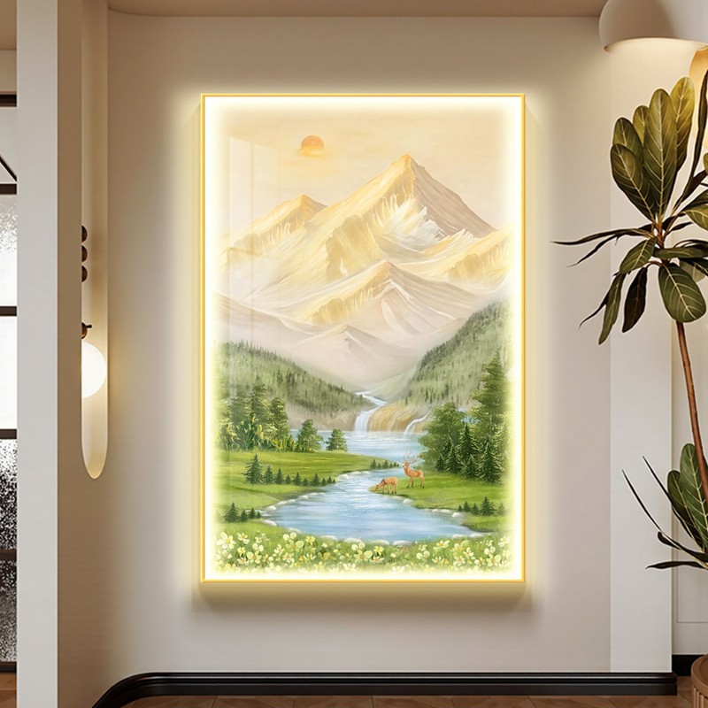 流水生财入户玄关装饰画山水风景发光画走廊过道尽头挂画LED灯画|undefined
