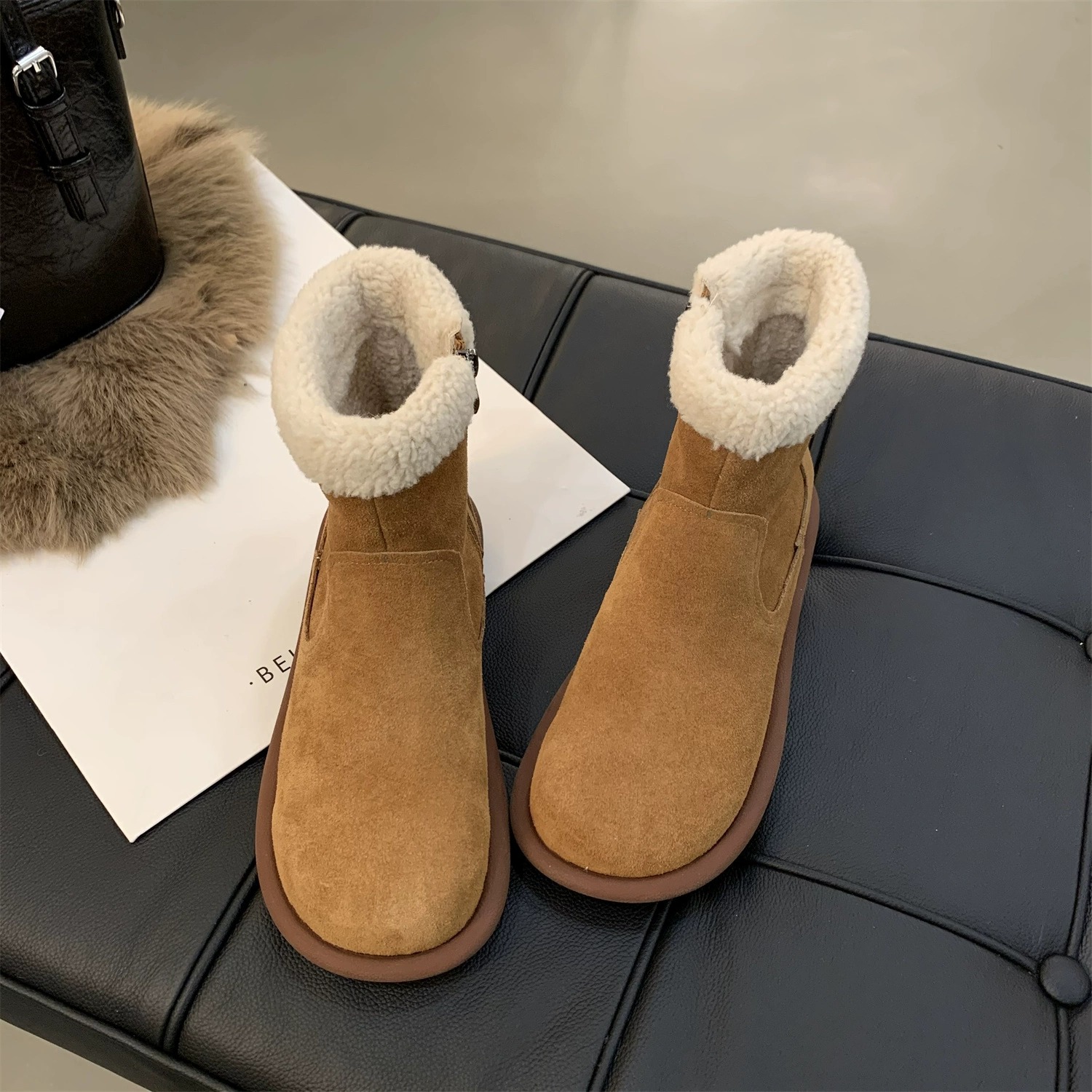 Snow boots women's winter fur one thick warm ankle boots with velvet cotton shoes_voghion.com