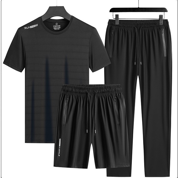 Trajes deportivos transfronterizos para hombres de verano de seda de hielo de manga corta de mediana edad, pantalones rectos para padres de tres piezas de secado rápido