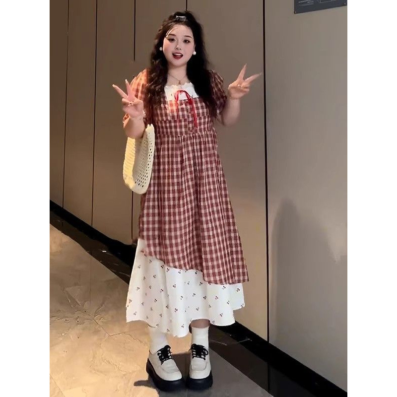 플러스 사이즈 빨간 격자 무늬 가짜 투피스 레이스 스플 라이스 꽃 무늬 드레스 여성 여름 뚱뚱한 mm 하이 웨이스트 커버 엉덩이 슬리밍 스커트