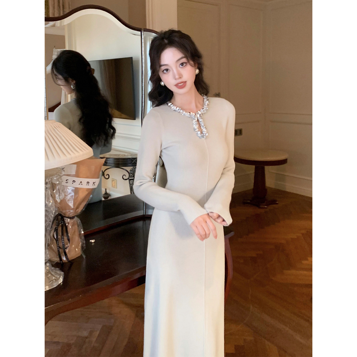 SYT自制 拼接水滴亮片领口优雅显气质针织裙女浪漫复古高腰连衣裙