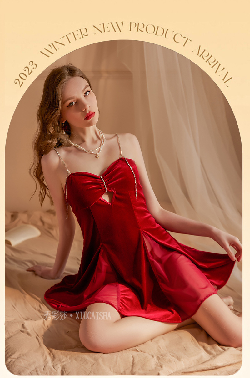 Red Velvet-Feel Sling Nightgown with Rhinestone Detail, One Size, Roleplay Lingerie — detail image 11