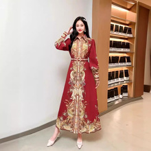春秋新款宫廷风复古高级感印花雪纺收腰显瘦单排扣连衣裙度假长裙