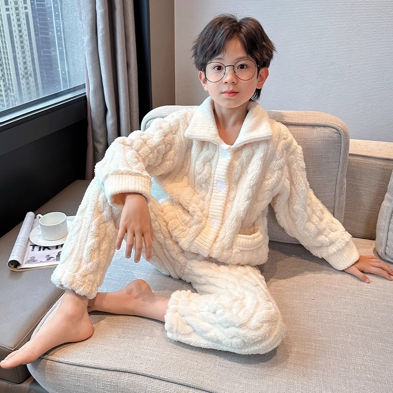 (2개) 어린이 의류 소년 잠옷 홈 의류 산호 양털 세트 가을과 겨울 기모 두꺼운 소년 속옷 큰 어린이를위한 따뜻한