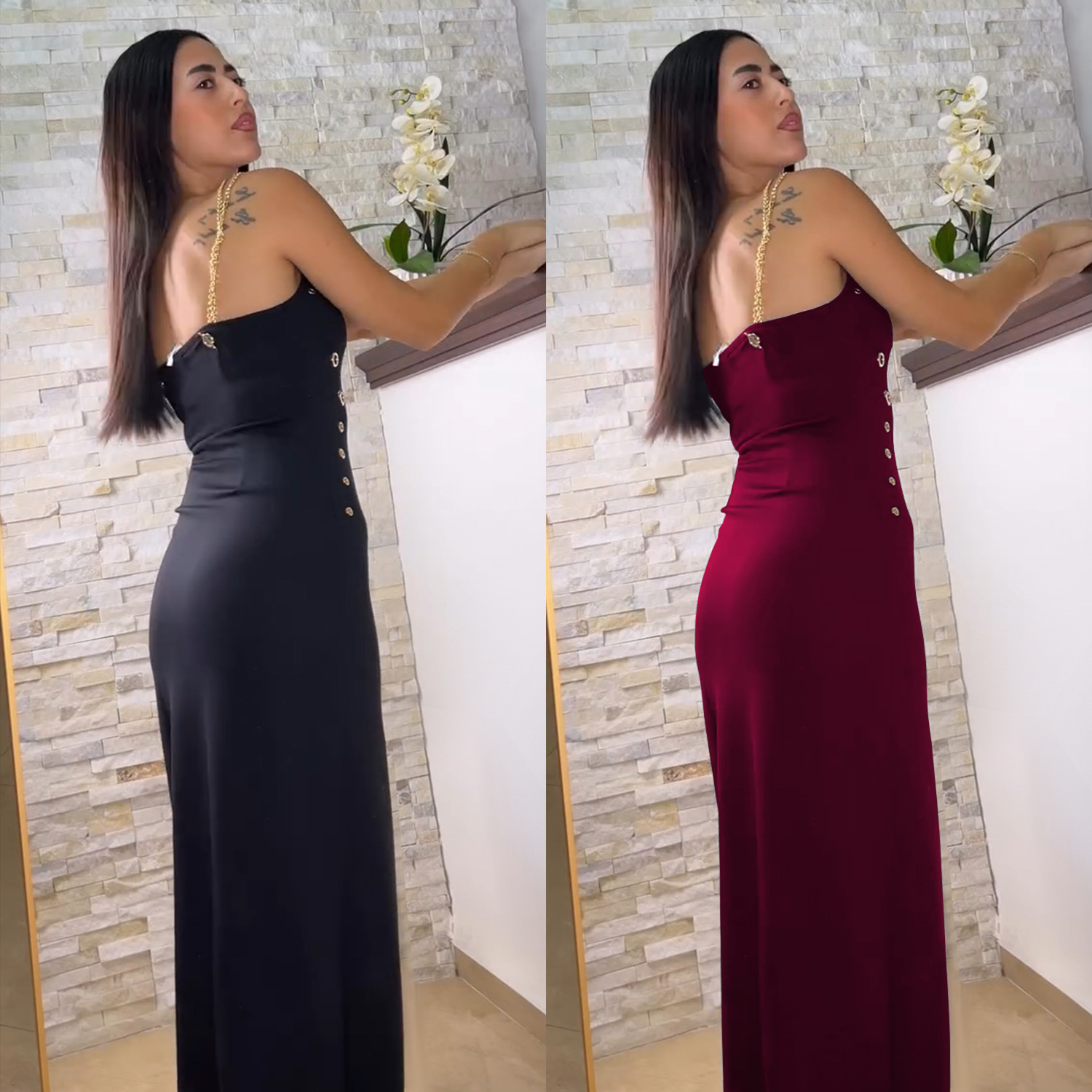 C7522 Aliexpress transfronterizo amazon ropa de moda europea y americana de mujer elegante cadena de oro sexy vestido de horquilla
