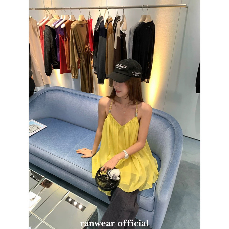 Ranwear 夏野白日梦 绝美深v不规则网纱露背挂脖串珠度假感吊带|undefined