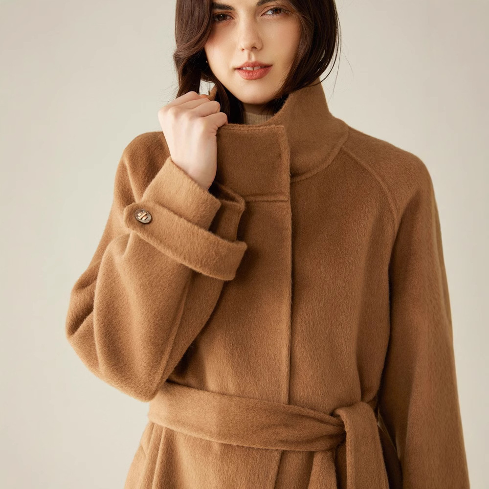 24 otoño e invierno nuevo estilo abrigo de lana de camello mujer de doble cara larga solapa abrigo de lana cálida sensación de lana de alta gama