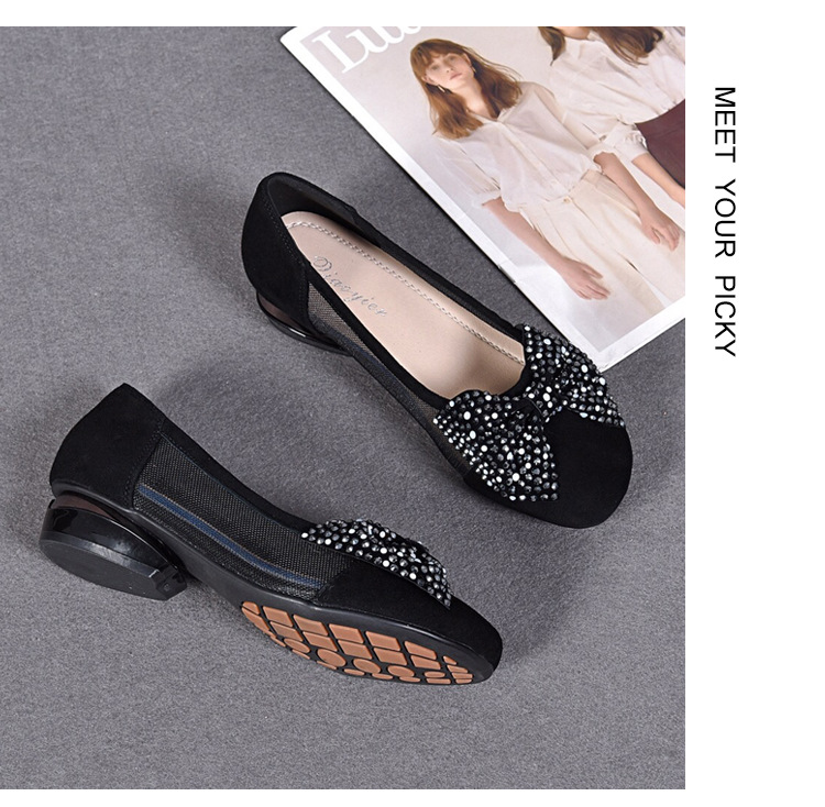 Sandal nữ đế bệt da thật mũi tròn gót vuông quai chữ V nơ bướm thoáng khí — Màu đen chi tiết 13