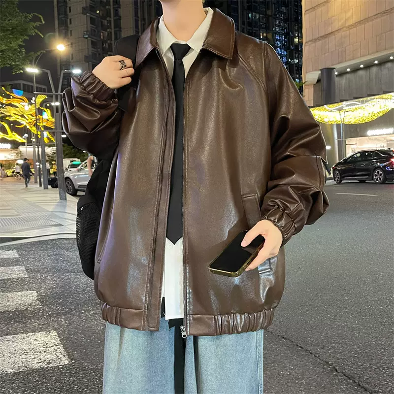 潮牌 2026复古纯色PU皮机车夹克男冬季美式宽松情侣休闲百搭外套