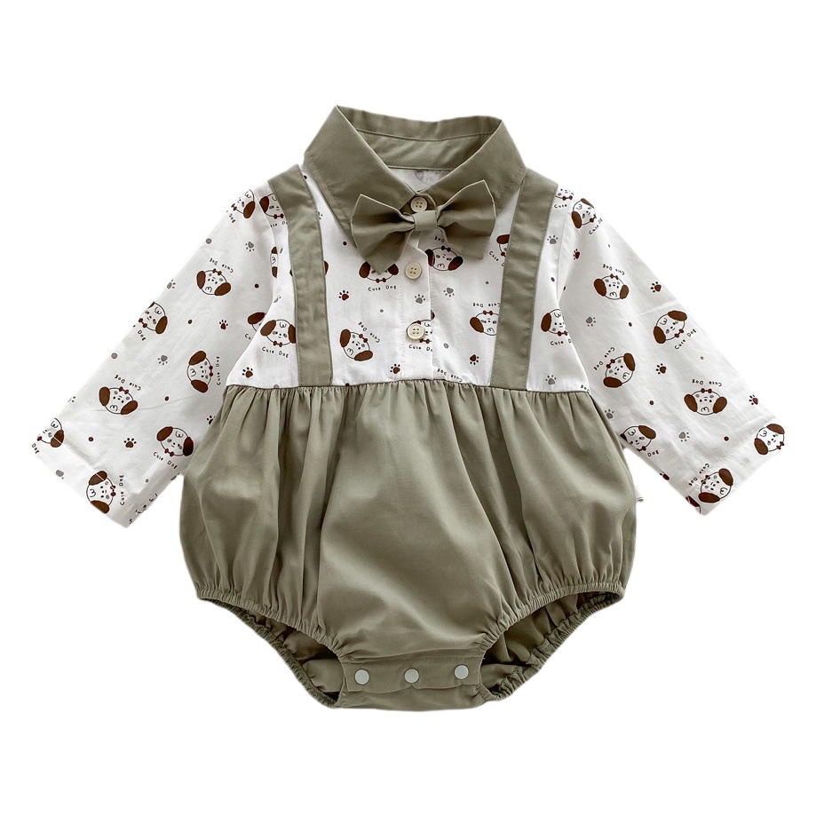 Mono del bebé otoño Niño de dibujos animados impreso ropa bebé recién nacido falso dos piezas Caballero pajarita camisa mameluco