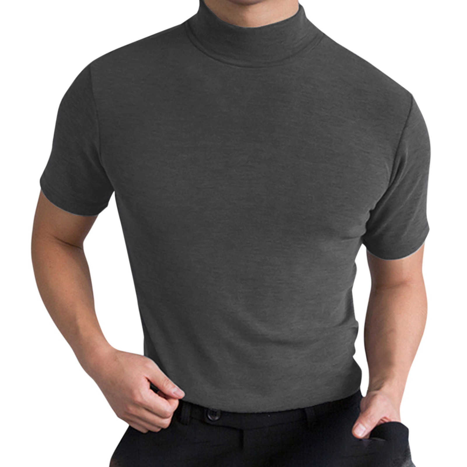 2024 Herbst und Winter Hoher Kragen Kurzarm T-Shirt Herren Unterlage Einfarbig Top_voghion.com