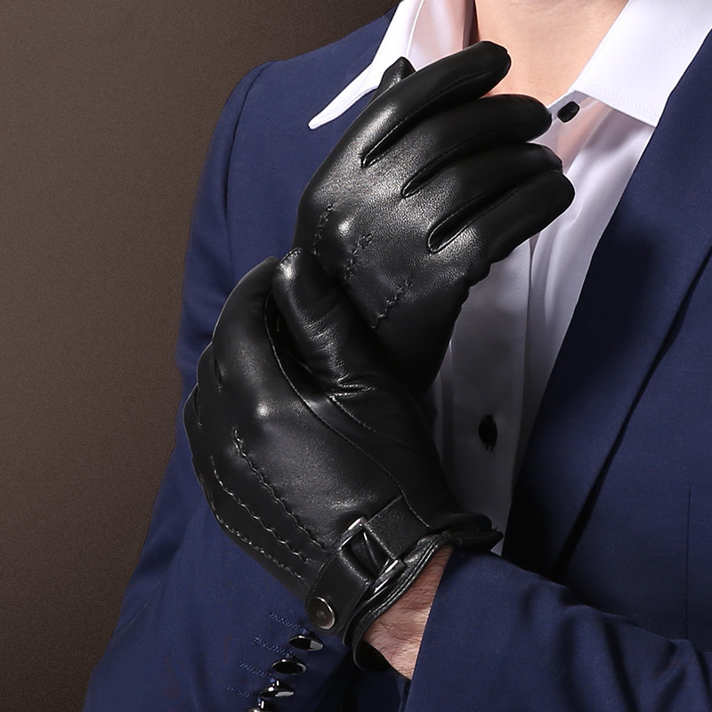 头层羊皮保暖手套黑色现货毛线里子分指单色手套跨境专供成人手套