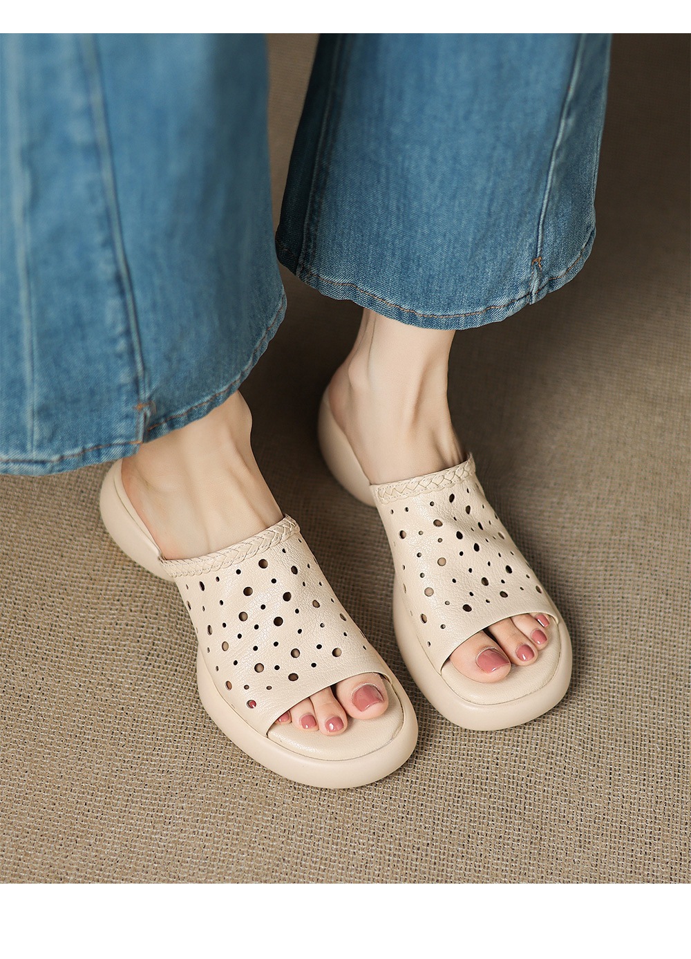 Dép sandal nữ quai chữ V đế dày da cừu mềm đi biển — đen chi tiết 9