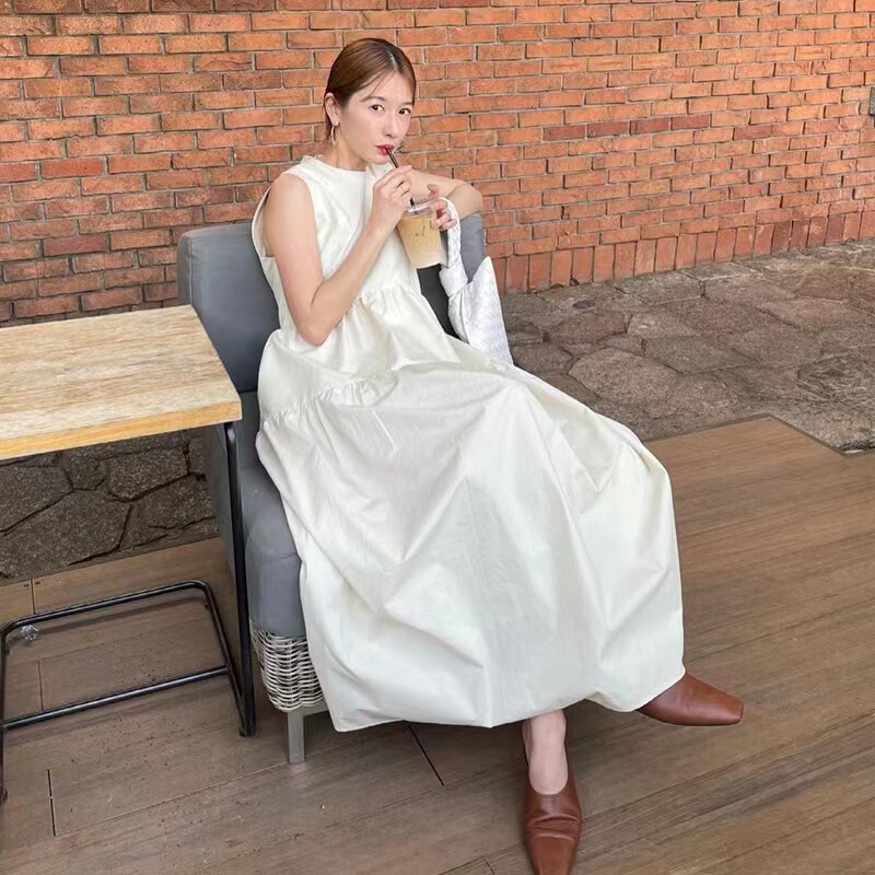 clan Japanese Style Huinai Dress Women's Summer Layered Sleeveless A- Line Folded Round Neck Profile Waisted Umbrella Midi Dress