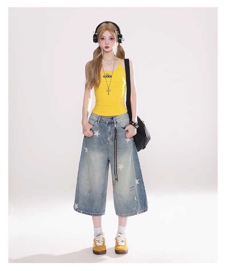 Quần short denim nữ phong cách Mỹ cổ điển, dáng rộng in hình ngôi sao — Màu xanh nhạt ([mẫu cao cấp, mềm mại và thoải mái hơn]) chi tiết 5