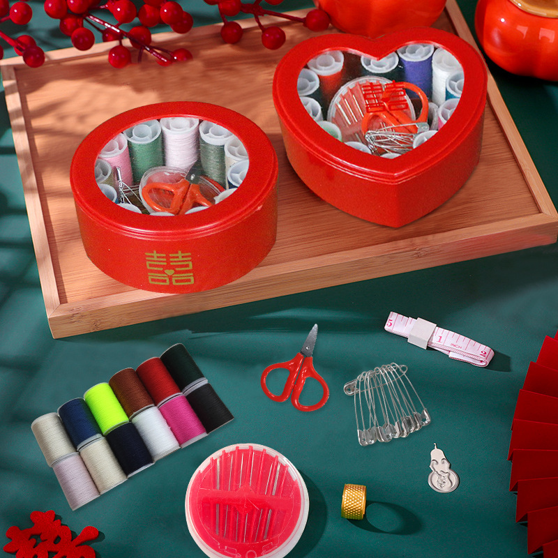 Caja de aguja de boda, set de dote de mujer, aguja doméstica portátil rojo festivo, almacenamiento de artículos de boda