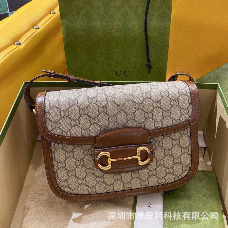 New model Gucci 1955 Horsebit Saddle Bag in original leather, printed small square bag, tofu bag, shoulder and crossbody women's bag