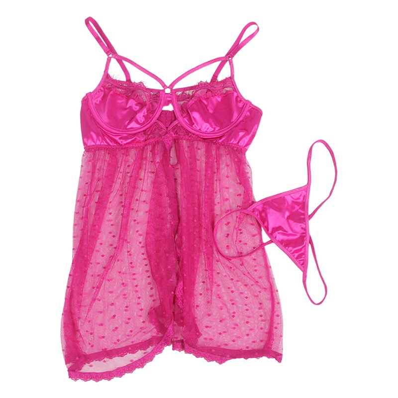 Lencería sexy europea y americana al por mayor más tamaño malla transparente sexy Correa camisón frente hendidura seductora ropa interior de tres puntos