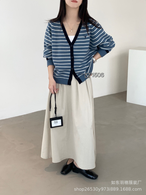 复古气质V领条纹毛衣开衫女25秋冬韩版慵懒风宽松软糯针织外套C73|undefined