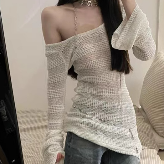 American Style Hot Girl Horn Sleeve Hollow Knitted Blouse Women's 2024 Autumn Pure Desire Style Lazy All-match Tight Waist Top for Women