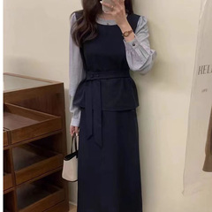 2025秋季新款韩系女洋气减龄百搭显瘦时尚套装假两件长裙两件套