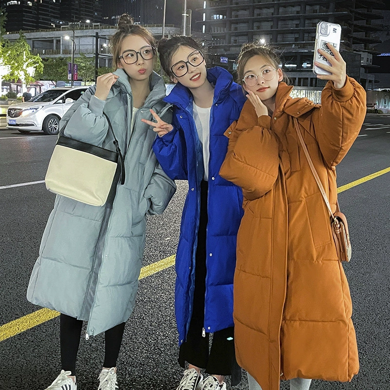 Winter long warm jeans, down jacket with hood, Korean style, mid-length
